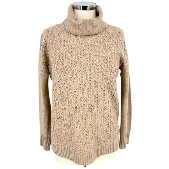 Nanette Lepore Lace Knit 100% 2-Ply Cashmere Turtleneck Sweater Beige Size Small - Picture 1 of 10